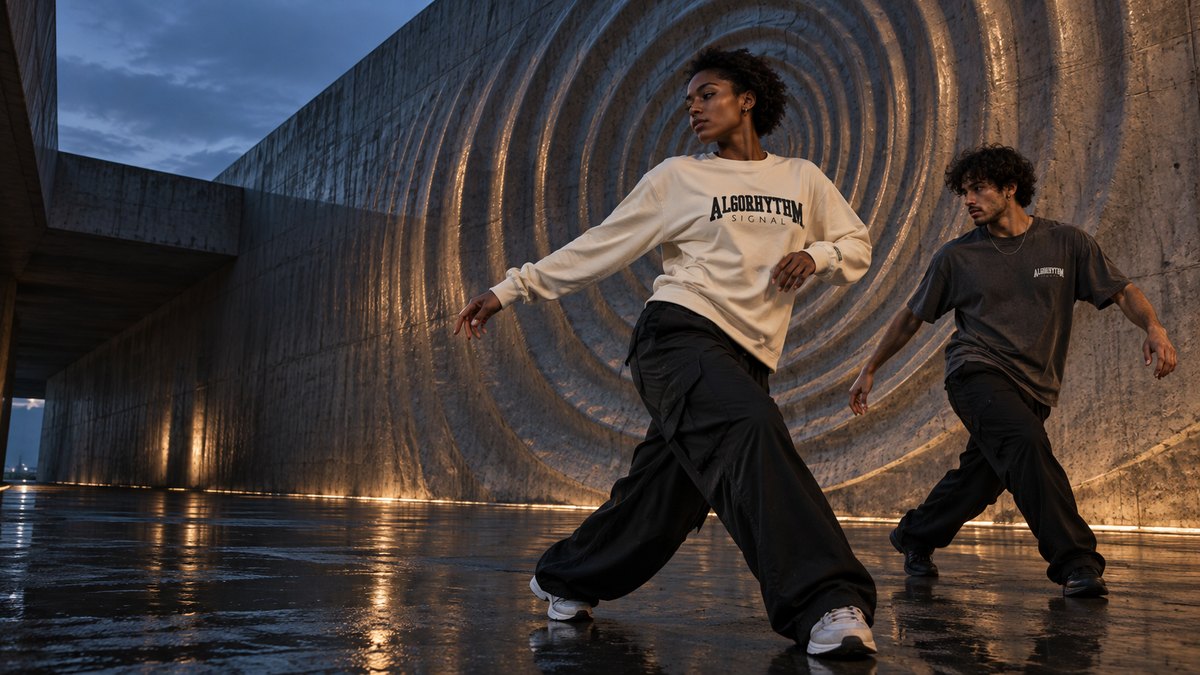 Two models in the cream SIGNAL Foundation long sleeve and charcoal Legacy tee moving beside rippling concrete at blue hour.