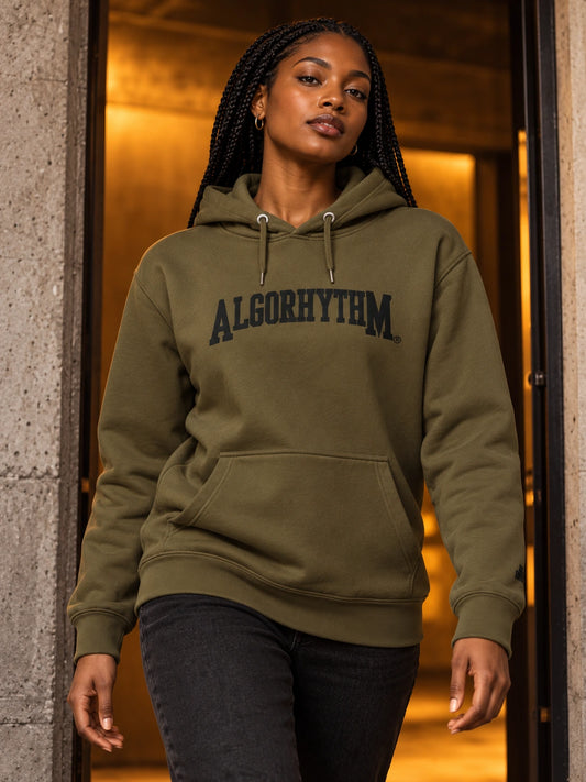 ALGORHYTHM SIGNAL: Foundation Series Hoodie — AI-generated editorial campaign image
