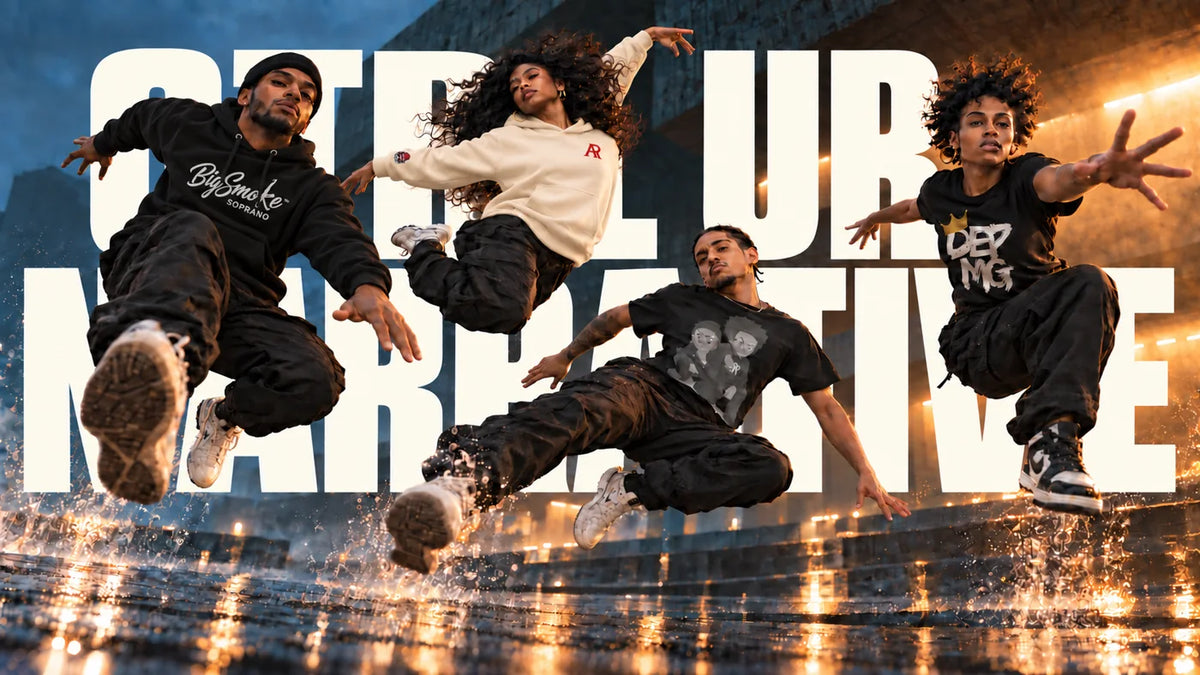 CTRL UR NARRATIVE behind four airborne models wearing Algorhythm AR, BigSmoke Soprano, Oh My Damn! and DEPMG.
